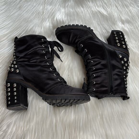 Laundry Black Satin Silver Studded Motto Boots - Picture 3 of 9